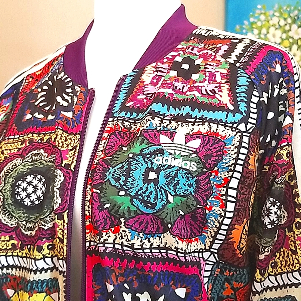 Adidas x FARM Rio HTF RARE Bomber Faux Crochet  Patchwork Track Workout Jacket M - Picture 3 of 15